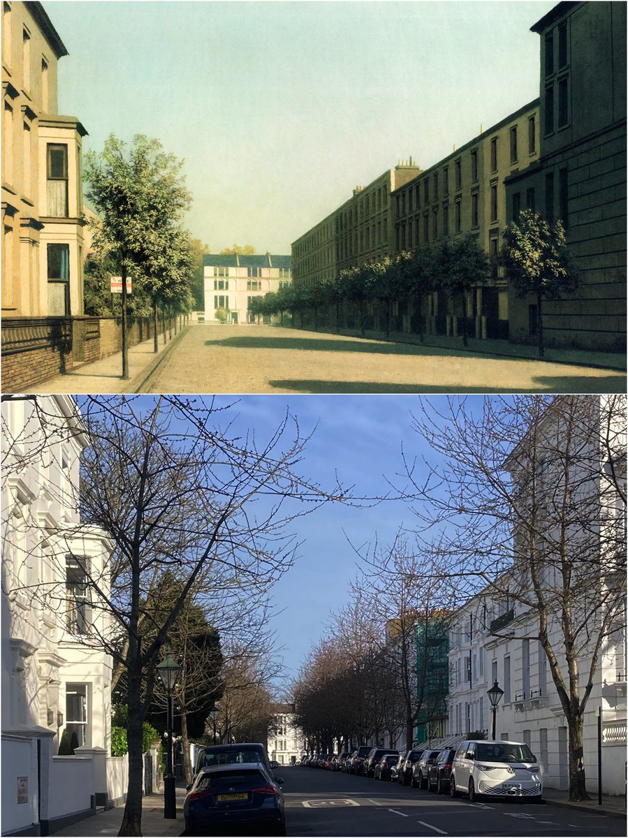 stroudyvarious's tweet image. 'Spring Morning, Campden Hill' by Algernon Cecil Newton (1940) and Brunswick Gardens on a spring morning, 2025 #London #W8