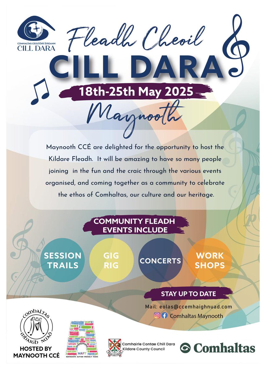 Fleadh Chill Dara is coming to Maynooth on week of 18th - 25th and we have a jam packed schedule for all the community for this event. Sponsors also most welcome! Grma!
