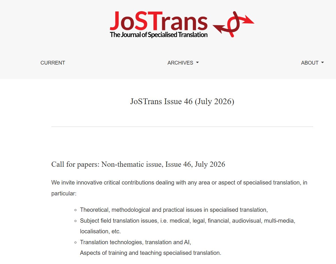 JoSTrans has launched its call for papers for Issue 46 (07/2026). Call details: jostrans.org/about/cfp46

The submission window closes on 30 June. Get your papers ready!

JoSTrans is an independent diamond-open-access journal indexed by Web of Science and Scopus.