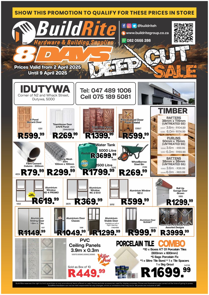BuildriteH's tweet photo. Idutywa BuildRite is bringing 8 Days Deep Cut Sale  with great deals and amazing prices!😁 Don't miss out on this opportunity😁🥳
Sale Valid from 2 April 2025 until 9 April 2025

*Terms and Conditions Apply*

#BuildRite #buildriteh #buildritehardware #Idutywa #Dutywa #easterncape https://t.co/5og9nKmFvn