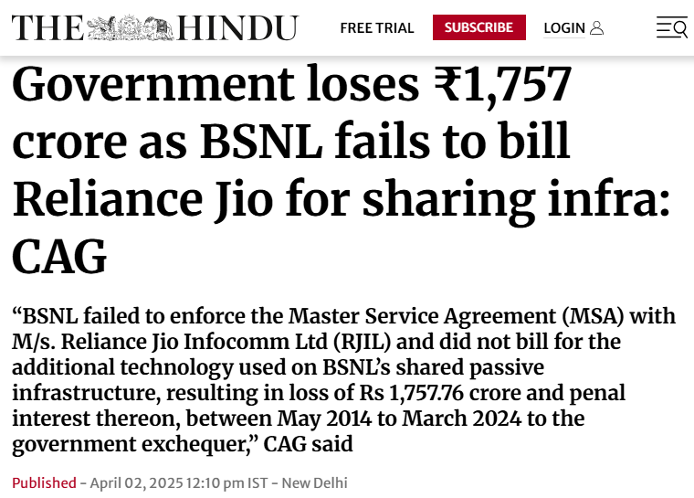 govindprataps12's tweet photo. CAG ने बताया कि 👇 

BSNL ने Reliance Jio के साथ टावर जैसे बुनियादी ढांचे साझा किए, लेकिन डील के बावजूद 10 साल तक बिल वसूली नहीं की.

इस चक्कर में स��कार को 1,757 करोड़ का नुकसान हुआ.

नुकसान का ये आंकड़ा मई, 2014-मार्च, 2024 के बीच का है.

सवाल है कि क्या BSNL वाले नशे में थे?
