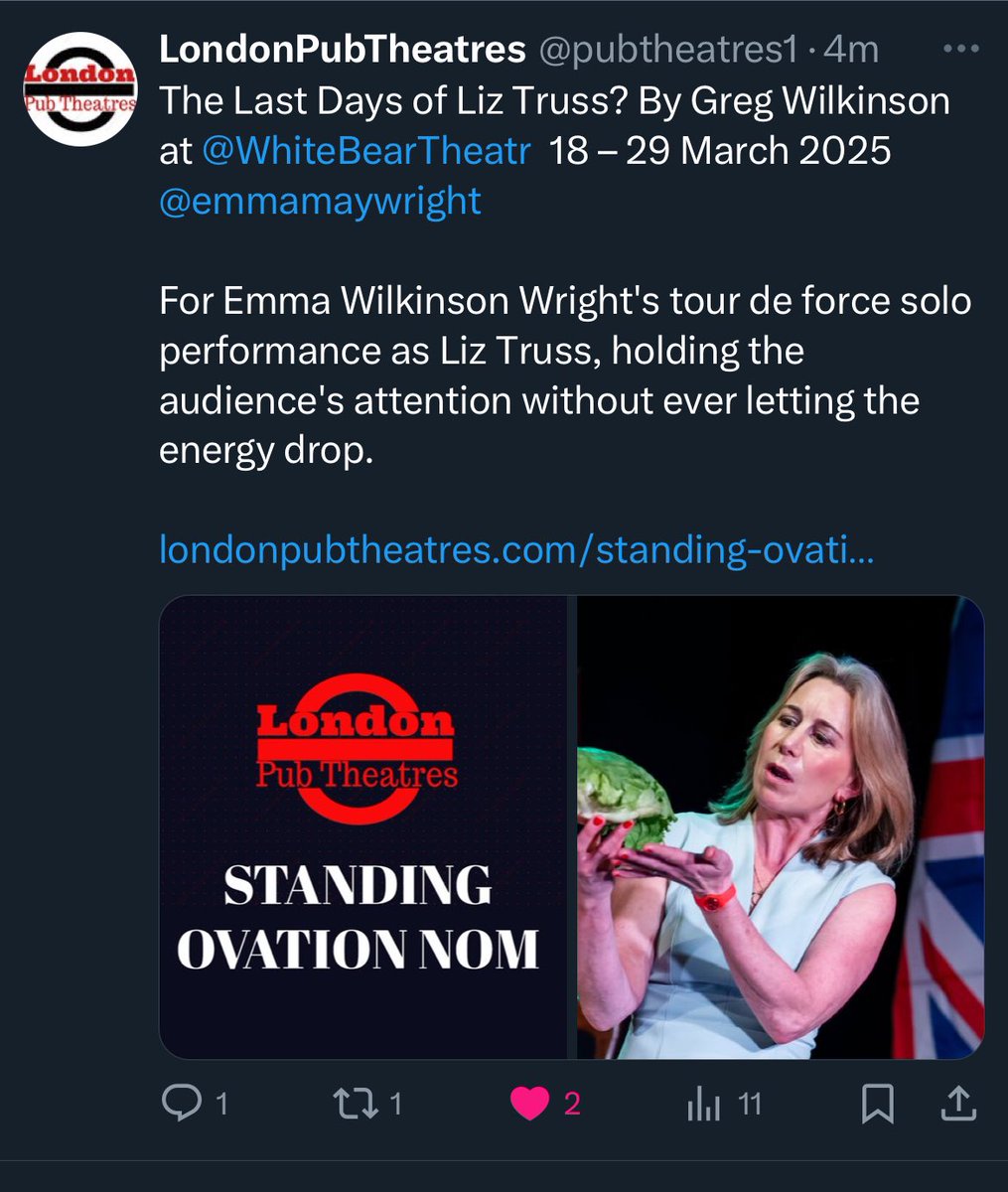 emma wilkinson wright (@emmamaywright) on Twitter photo LAST CHANCE to see The Last Days of Liz Truss? <a href="/WhiteBearTheatr/">White Bear Theatre</a>. Just FOUR EXTRA SHOWS added from tonight. Don’t miss this 5⭐️ “brilliant” “fascinating” “gripping” “Standout” award-nominated show. The lettuce is struggling. Should I replace her? Tickets: shorturl.at/1nMcC LAST CHANCE to see The Last Days of Liz Truss? <a href="/WhiteBearTheatr/">White Bear Theatre</a>. Just FOUR EXTRA SHOWS added from tonight. Don’t miss this 5⭐️ “brilliant” “fascinating” “gripping” “Standout” award-nominated show. The lettuce is struggling. Should I replace her? Tickets: shorturl.at/1nMcC