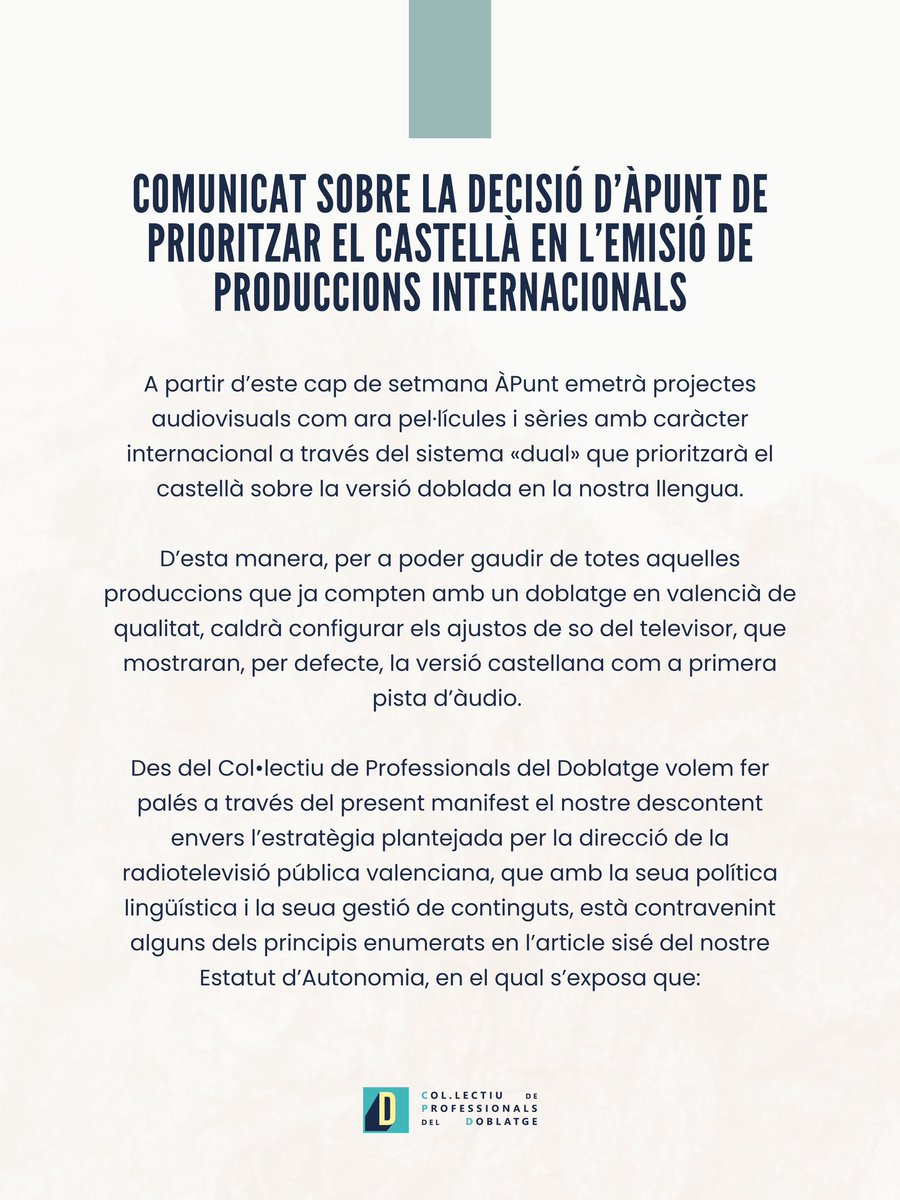 COMUNICAT SOBRE LA DECISIÓ D’ÀPUNT DE PRIORITZAR EL CASTELLÀ EN L’EMISIÓ DE PRODUCCIONS INTERNACIONALS