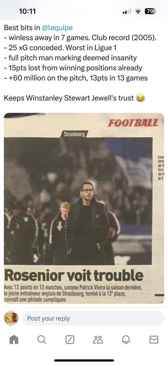 Gazarelda's tweet image. Rosenior lost 5 from 6 and was on the cusp of the sack, as Strasbourg sat just outside the relegation zone. Players were baffled by tactics and questioned why they were man marking 1 to 11.
They’re now 1 point outside the UCL places.
Walter should’ve had more time #hcafc