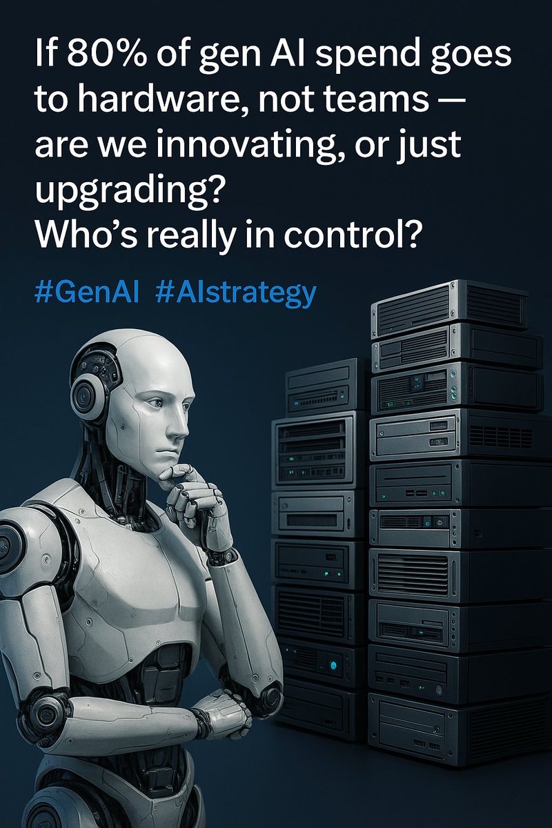 p2esocial's tweet photo. If 80% of gen AI spend goes to hardware, not teams—are we innovating, or just upgrading?

Who’s really in control? 

#GenAI #AIstrategy https://t.co/71Ziz46S60