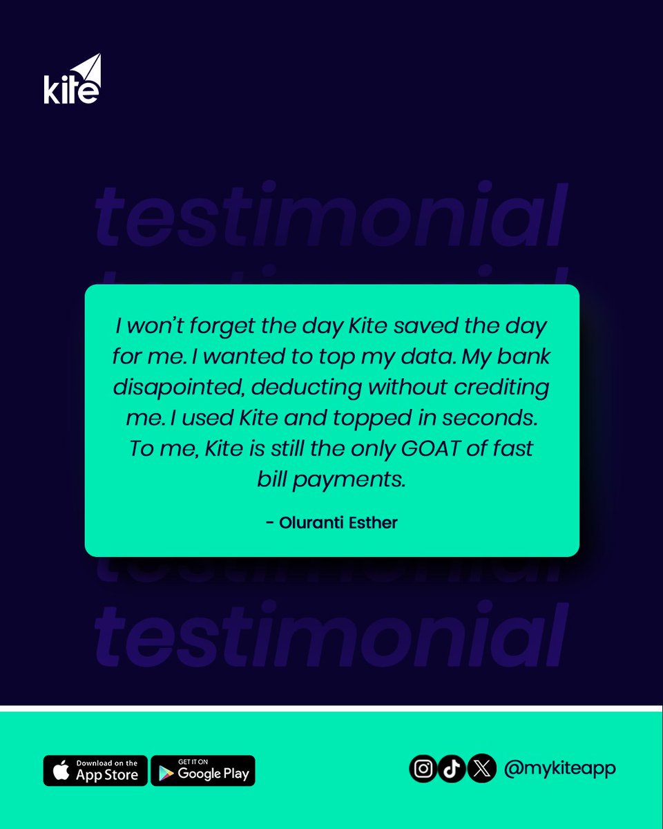 MyKiteApp's tweet photo. Bank wahala? No worries, Kite got you! Oluranti had a failed transaction, but Kite saved the day with lightning-fast data top-up. 🚀💨
Never stress over bill payments again—download MyKiteApp today!
#KiteTestimonial #FastPayments #PayWithKite #MyKiteApp #AprilFoolsDay https://t.co/RRWEoUcagX