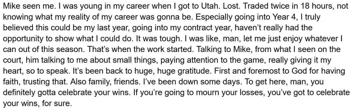 Mike Conley said he hoped Nickeil Alexander-Walker could "take a breath" after tonight and realize how far he has come in the arc of his career, especially from some darker days in Utah. I asked NAW if he was able to do that. Here's his response: