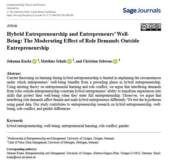 ETPjournal's tweet image. 📢 Does hybrid entrepreneurship help or hurt well-being in full-time entrepreneurship?
New research at ETP finds that role conflicts limit entrepreneurs’ ability to develop well-being-protecting skills—especially in gendered ways. doi.org/10.1177/104225…