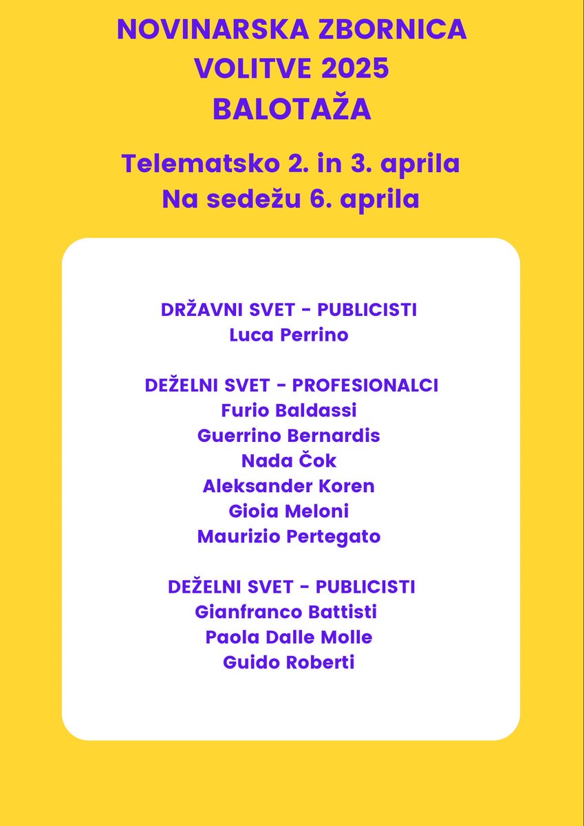 carlo muscatello (@carlomuscatello) on Twitter photo Elezioni #Ordine #giornalisti: da oggi I ballottaggi
Votate per le colleghe e i colleghi <a href="/assostampafvg/">assostampafvg</a> Elezioni #Ordine #giornalisti: da oggi I ballottaggi
Votate per le colleghe e i colleghi <a href="/assostampafvg/">assostampafvg</a>