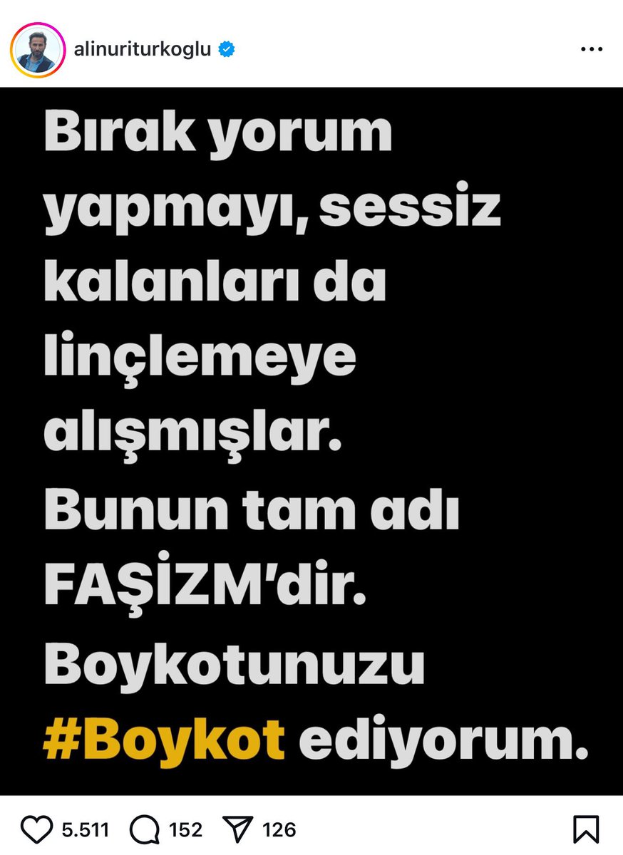 TRT’de yayınlanan Mehmed Fetihler Sultanı dizisinin oyuncusu Ali Nuri Türkoğlu:

Bırak yorum yapmayı sessiz kalanları da linçlemeye alışmışlar bunun tam adı faşizmdir.

Boykotunuzu boykot ediyorum.