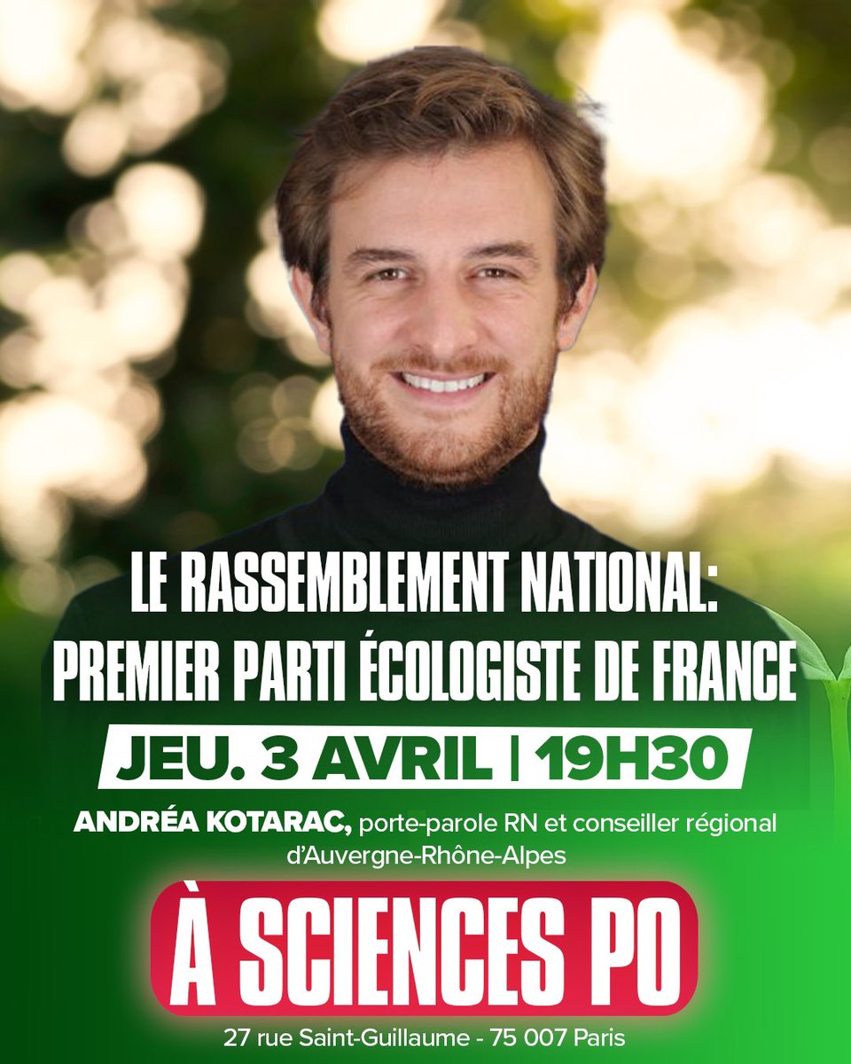 ⚪️🟢À SCIENCES PO : Le <a href="/RNational_off/">Rassemblement National</a>, premier parti écologiste de France !

Et si la véritable écologie passait par le localisme ?

Produire et consommer local, défendre nos terroirs, relocaliser notre économie : voilà la réponse patriote et concrète à l’urgence écologique. 🇫🇷🌱
