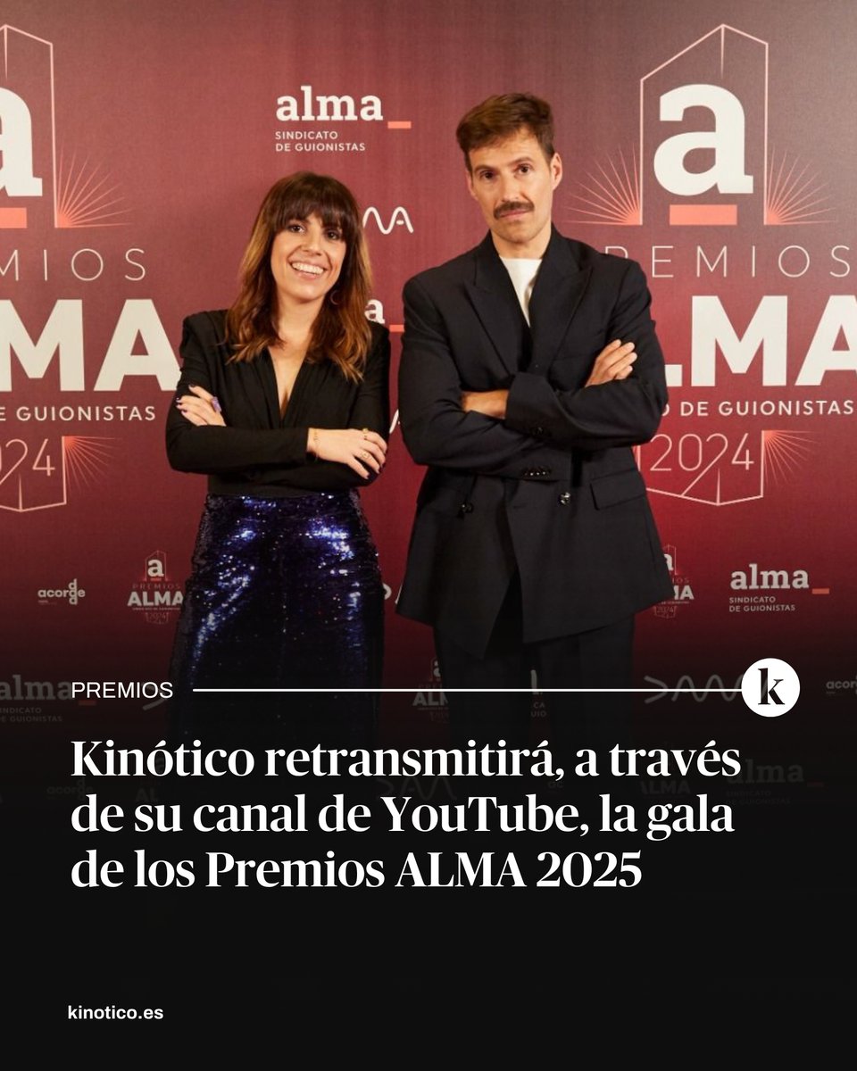 Kinótico (@kinotico) on Twitter photo Kinótico retransmitirá, a través de su canal de YouTube, la gala de los Premios ALMA 2025
📆 La ceremonia de <a href="/almaguionistas/">ALMA GUIONISTAS</a> tendrá lugar el próximo 9 de abril en los Cines Capitol de Madrid y será conducida por Yaiza Nuevo y <a href="/javiuve/">Javi Valera</a>
🔗 kinotico.es/actualidad/202… Kinótico retransmitirá, a través de su canal de YouTube, la gala de los Premios ALMA 2025
📆 La ceremonia de <a href="/almaguionistas/">ALMA GUIONISTAS</a> tendrá lugar el próximo 9 de abril en los Cines Capitol de Madrid y será conducida por Yaiza Nuevo y <a href="/javiuve/">Javi Valera</a>
🔗 kinotico.es/actualidad/202…