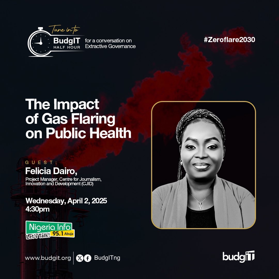 BudgIT Nigeria (@budgitng) on Twitter photo đŁïžđŁïžDid you know? Communities near gas flare sites face severe environmental and health risks, from polluted air to oil spills that devastate their livelihoods.
Join Felicia Dairo, Project Manager, <a href="/CJIDAfrica/">Centre for Journalism Innovation and Development</a>, later today as she discusses the impact of gas flaring on public đŁïžđŁïžDid you know? Communities near gas flare sites face severe environmental and health risks, from polluted air to oil spills that devastate their livelihoods.
Join Felicia Dairo, Project Manager, <a href="/CJIDAfrica/">Centre for Journalism Innovation and Development</a>, later today as she discusses the impact of gas flaring on public