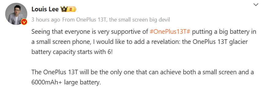 DhilipRajiv's tweet photo. OnePlus 13T / 13 mini
officially confirmed to pack 6,000mAh+ battery
#Oneplus13T
#oneplus
#compactphone https://t.co/pXtrWOcQbd