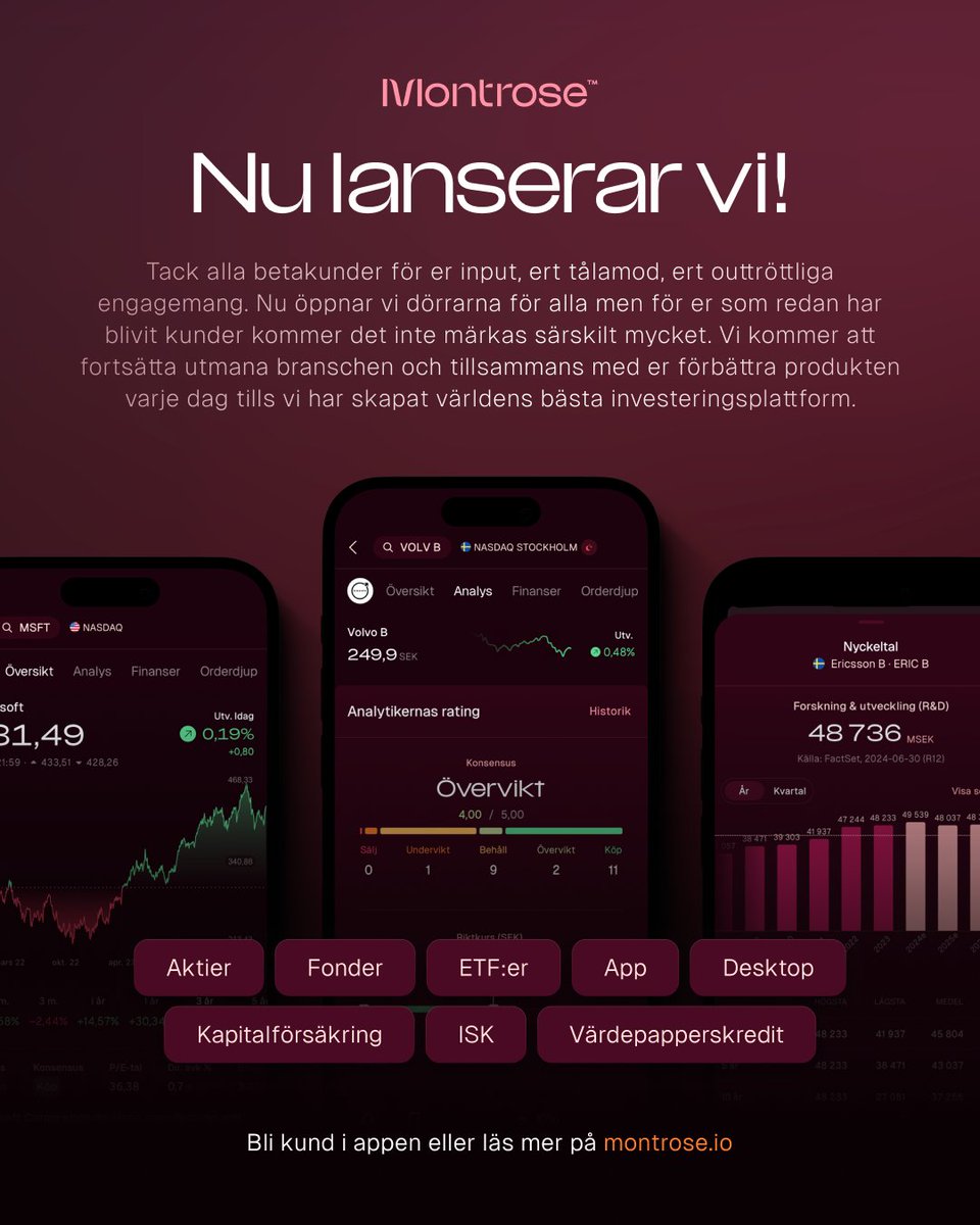 Investeraren's tweet image. BREAKING NEWS‼️🔥 Nu lanserar vi äntligen Montrose till ALLA! 🥳🙌 Från servettskiss till lanserad plattform på 1,5 år - hade aldrig gått utan alla tusentals aktienördar på #Finanstwitter som hjälpt oss genom att vara betatestare 🤓💪 

✅ Handel på 18 marknader
✅ Lågt courtage…