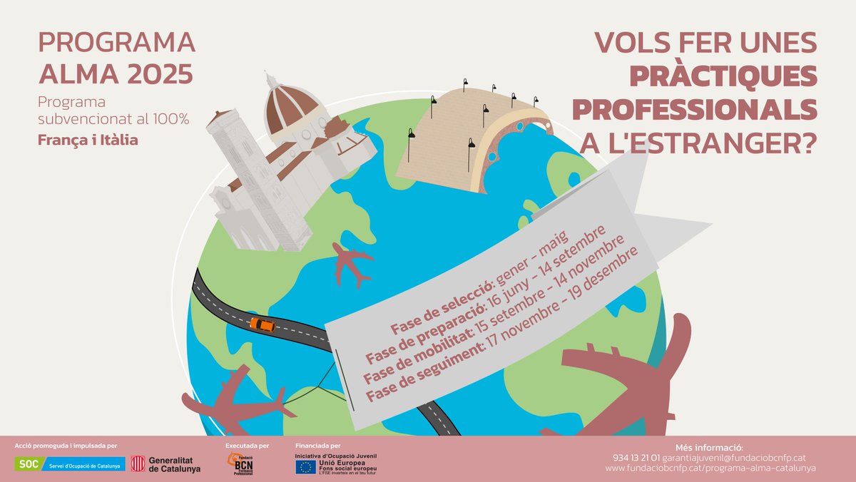 Fundació BCN FP (@fundaciobcnfp) on Twitter photo ‼️ATENCIÓ: VOLS FER PRÀCTIQUES PROFESSIONALS A L'ESTRANGER?‼️
🟢El nostre projecte ALMA té 10 places per a joves per fer pràctiques professionals a França o Itàlia
🔵Programa promogut i impulsat pel Servei Públic d’Ocupació de Catalunya, finançat pel Fons Social Europeu🇪🇺 ‼️ATENCIÓ: VOLS FER PRÀCTIQUES PROFESSIONALS A L'ESTRANGER?‼️
🟢El nostre projecte ALMA té 10 places per a joves per fer pràctiques professionals a França o Itàlia
🔵Programa promogut i impulsat pel Servei Públic d’Ocupació de Catalunya, finançat pel Fons Social Europeu🇪🇺