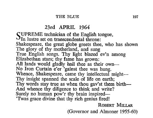 A poem from The Blue magazine in 1964, in celebration of William Shakespeare's Birthday. Born 23 April 1564.