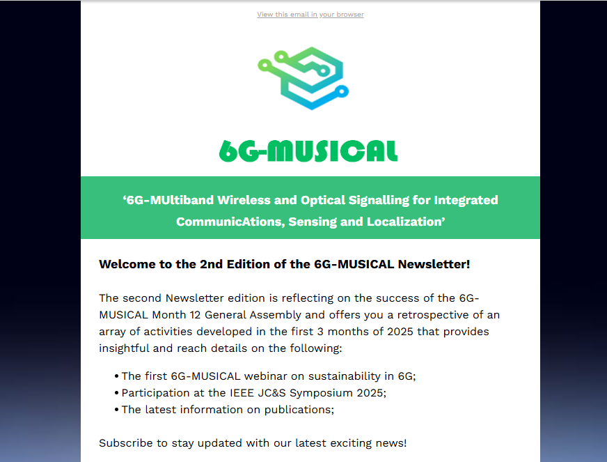 6G MUSICAL (@6gmusical) on Twitter photo The 6G-MUSICAL Project’s 2nd #Newsletter is Here!
Check out our latest updates on our journey to shape the future of 6G wireless networks!
👉 lnkd.in/eA-bwFzG
#6G #Innovation #6GMUSICAL #Technology #Research
<a href="/EU_Commission/">European Commission</a> The 6G-MUSICAL Project’s 2nd #Newsletter is Here!
Check out our latest updates on our journey to shape the future of 6G wireless networks!
👉 lnkd.in/eA-bwFzG
#6G #Innovation #6GMUSICAL #Technology #Research
<a href="/EU_Commission/">European Commission</a>