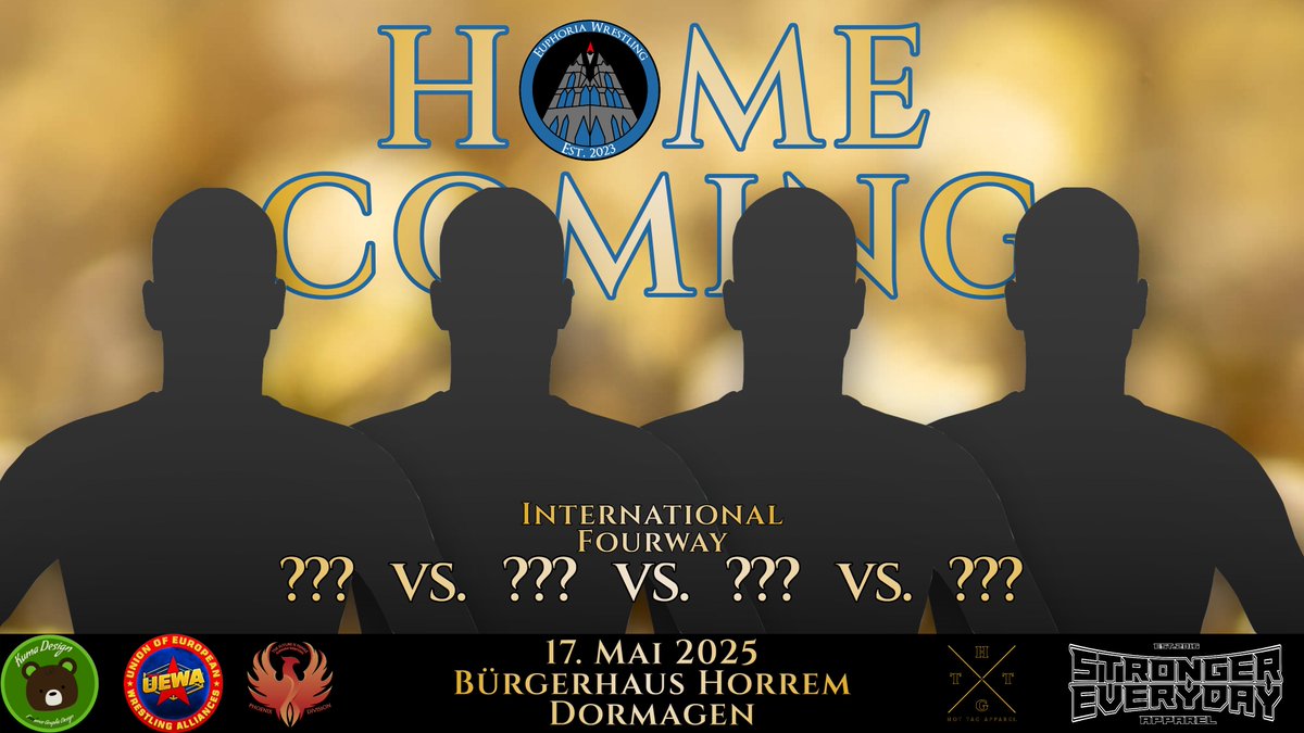 For our birthday, we are bringing back the main event of our first show. Who will be the participants in the International Fourway at Homecoming?

Tickets - Homecoming:
linktr.ee/euphoriawrestl…

#euphoriawrestling #wrestling #dormagen #cologne #EWhomecoming #düsseldorf #tickets
