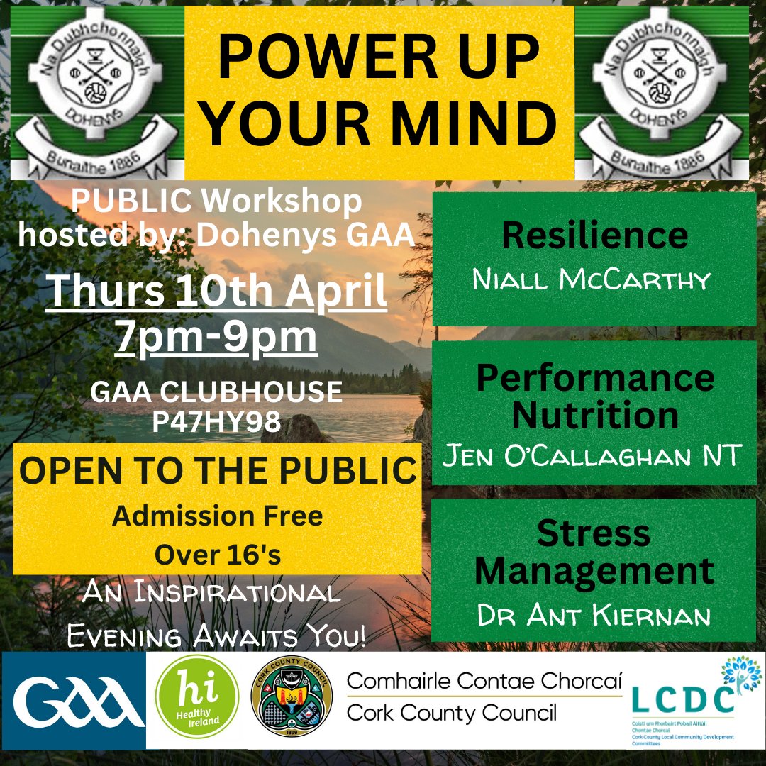 Our next Positive Mental Health Talk is at Doheny’s GAA Club.

⏰Join us on Thursday the 10th of April at 7pm for a FREE event dedicated to nurturing your mental well-being.

🗣️Speakers will explore the pillars of positive mental health including cultivating a resilient mindset