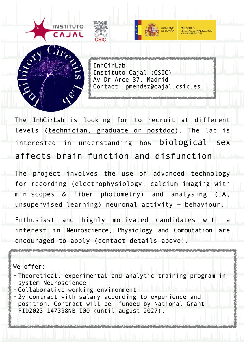 📣📣📣📣@inhcirlab.bsky.social job offer 📣📣📣📣

We are looking for new lab members, reach out if interested or, please, spread!
<a href="/InstitutoCajal/">Instituto Cajal-Centro de Neurociencias Cajal-CSIC</a> 
<a href="/SENC_/">SENC</a>