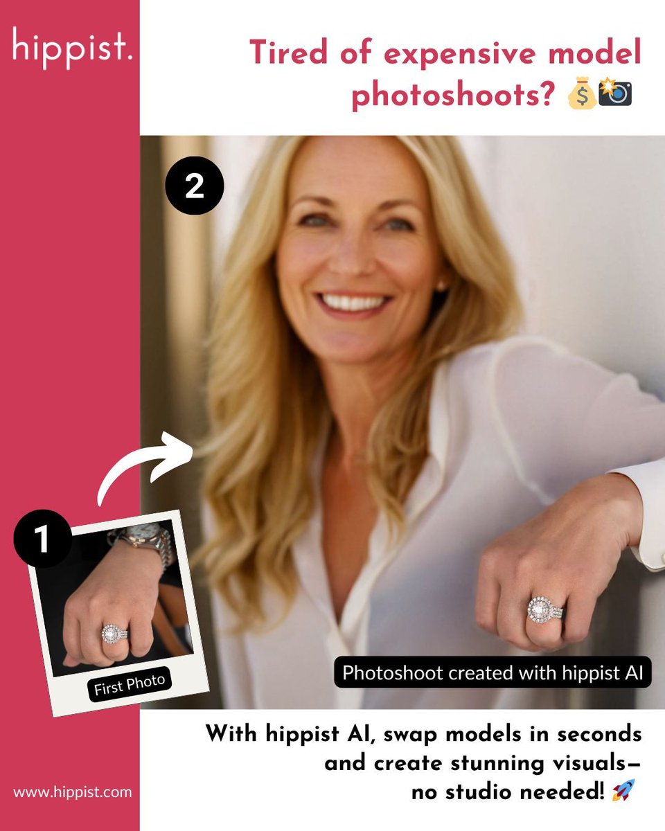hippistAI's tweet image. Tired of expensive model photoshoots? 💰📸 

With hippist AI, swap models in seconds and create stunning visuals—no studio needed! 🚀 

#AIforEcommerce