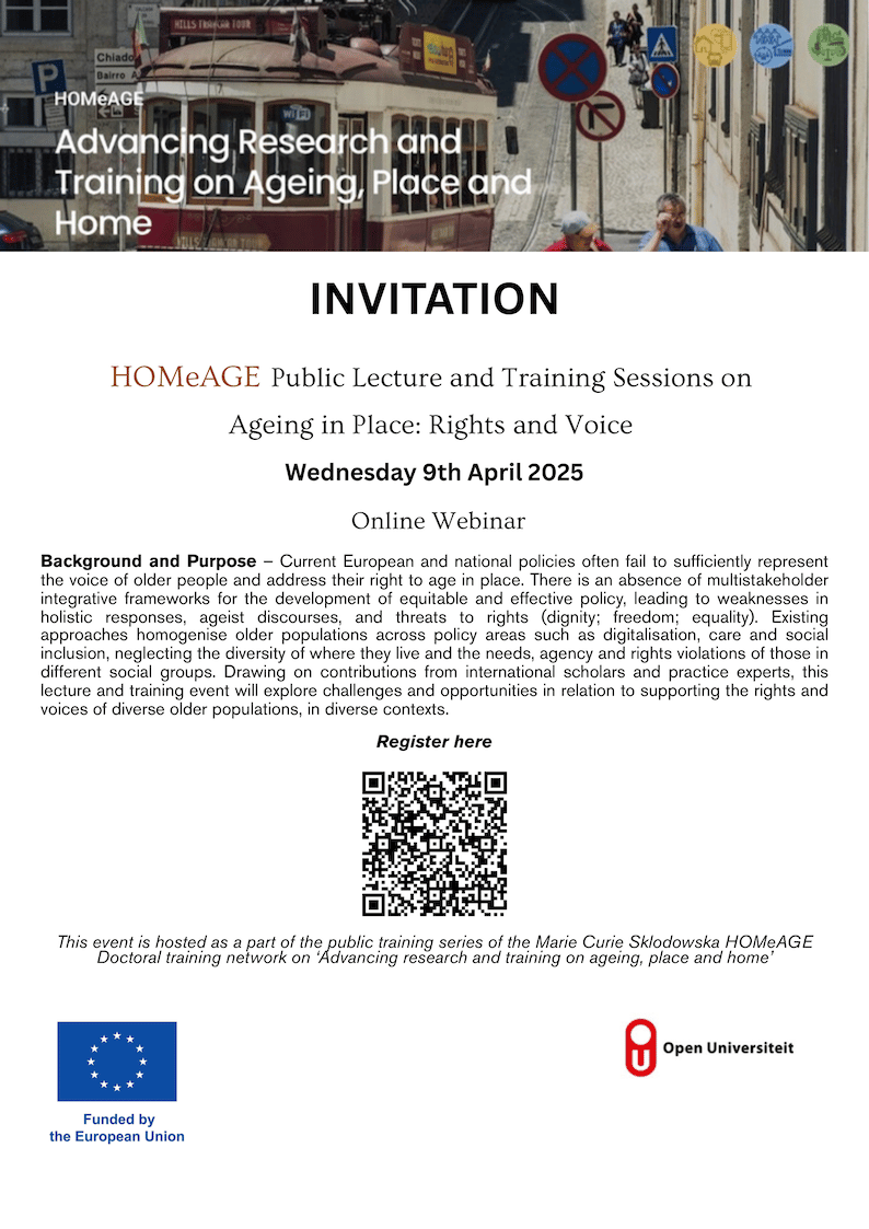 Don't forget to register for the 4th HOMeAGE training event. Join us on April 9th to explore 'Advancing Research &amp; Training on Ageing, Place, and Home: Rights &amp; Voice.' See@ homeage-dn.eu/event/marie-cu…