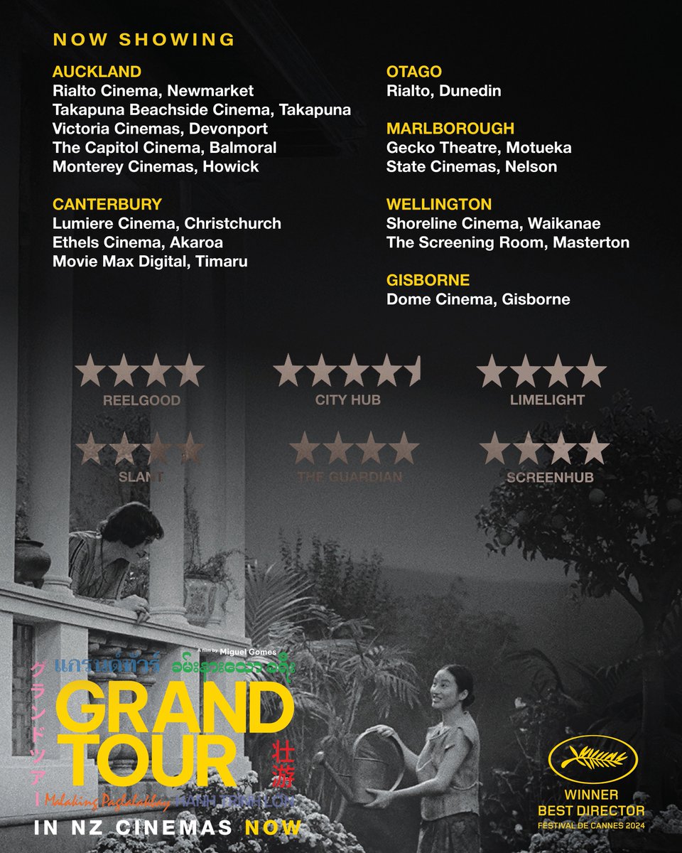 PotentialFilms's tweet image. An era-spanning, genre-bending and continent-crossing odyssey, fueled by bittersweet love and restless wanderlust. Winner of Cannes Best Director GRAND TOUR is in NZ cinemas now. 

&quot;Evocative...a quiet knockout&quot; @nytimes    

Ticket/Info: bit.ly/4gzWDKm