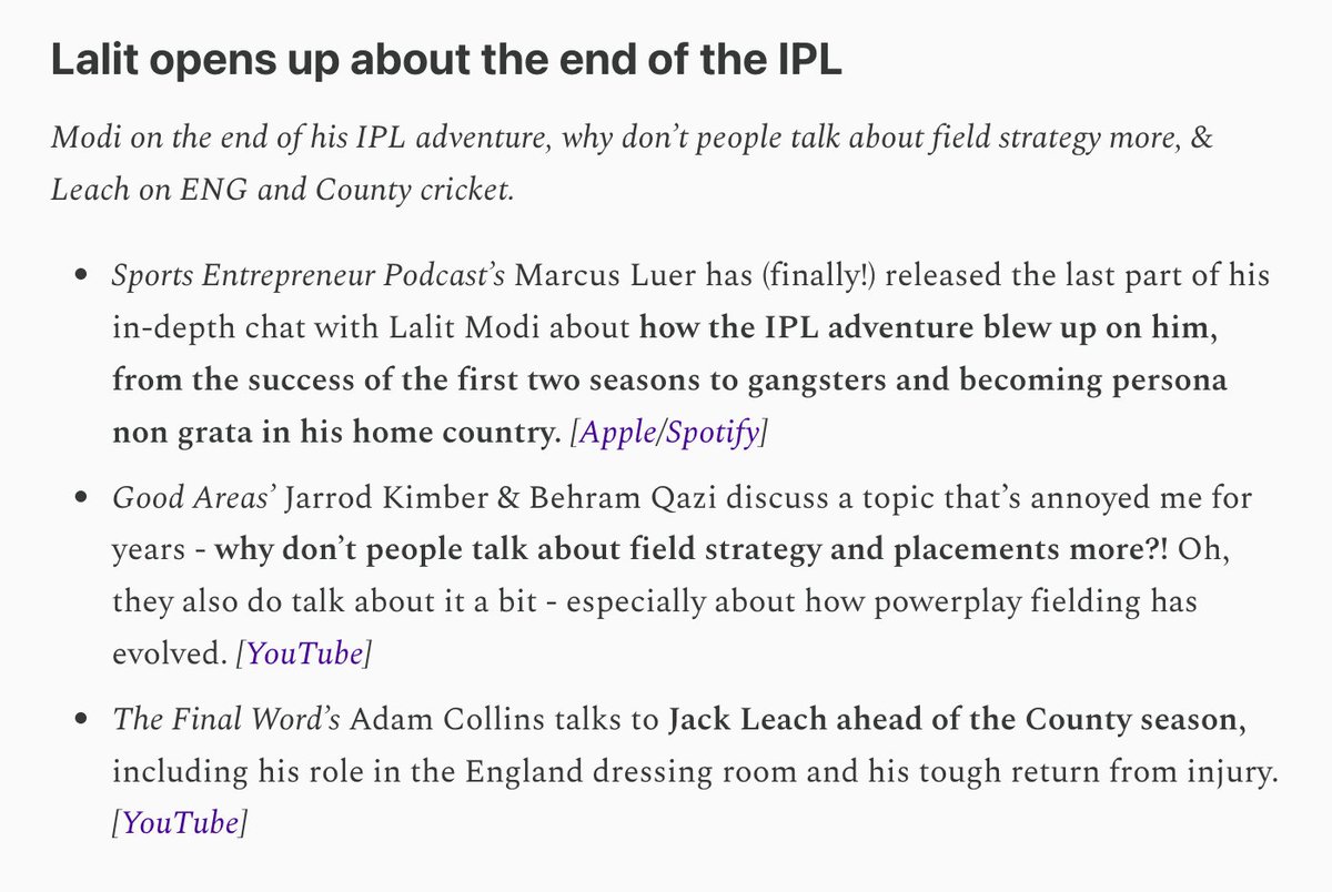 bestcricstories's tweet photo. BEST #CRICKET PODS &amp; VIDEOS:

@MarcusLuer with Lalit Modi on the end of the IPL, @ajarrodkimber/@DeafMango nerd out on field strategy, &amp; @collinsadam talks to Jack Leach.

All stories at https://t.co/1VxehtHYI6 https://t.co/aNBLetcYwW