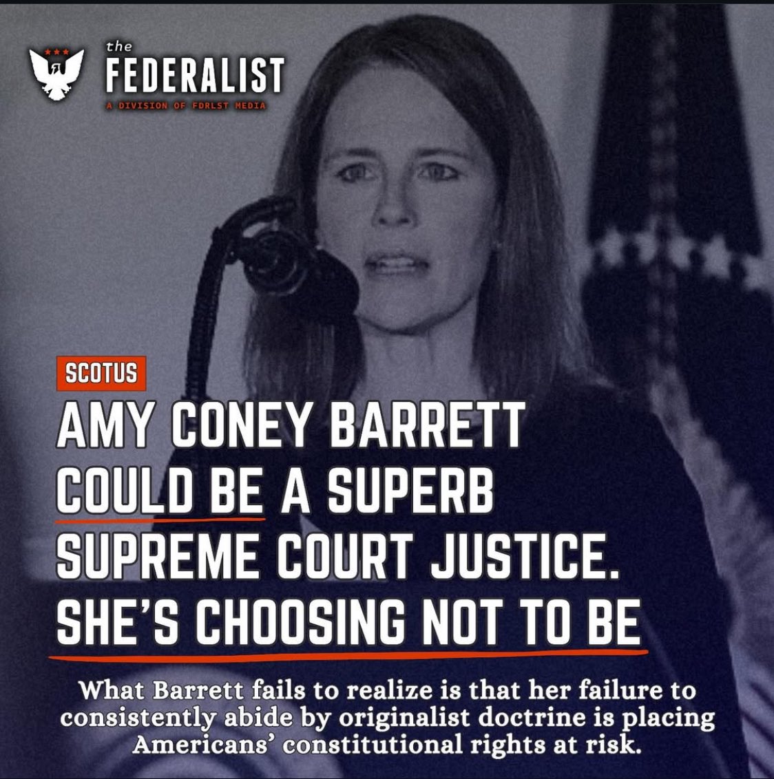 StarrAli001's tweet photo. Amy Coney Barrett is a major disappointment. She’s following her feelings and not the Constitution. 

“What Barrett fails to realize is that her failure to consistently abide by originalist doctrine is placing Americans’ constitutional rights at risk.” https://t.co/88C4WAv4Hh