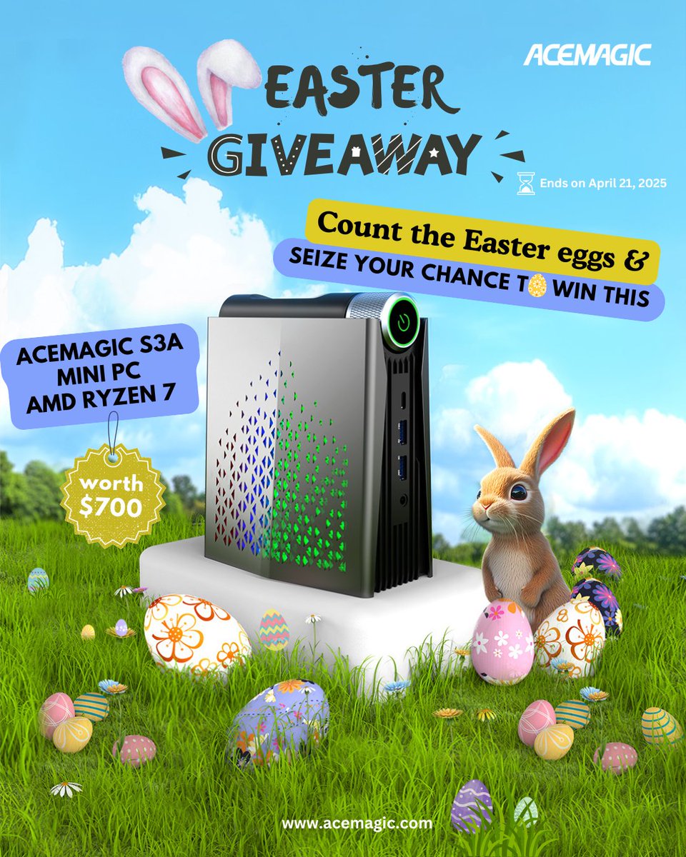 Acemagic_MiniPC's tweet image. 🎉Hop into the fun and join our Easter #Giveaway 🎁🐰Count the Easter eggs for a chance to win one incredible #ACEMAGICS3A #MiniPC, powered by AMD Ryzen™ 7 5700U and worth over $700!😲🖥️🔥
🏅More info about the Prize available here 👉 bit.ly/AceMagic_S3A_m…

📌How to enter:
✔…