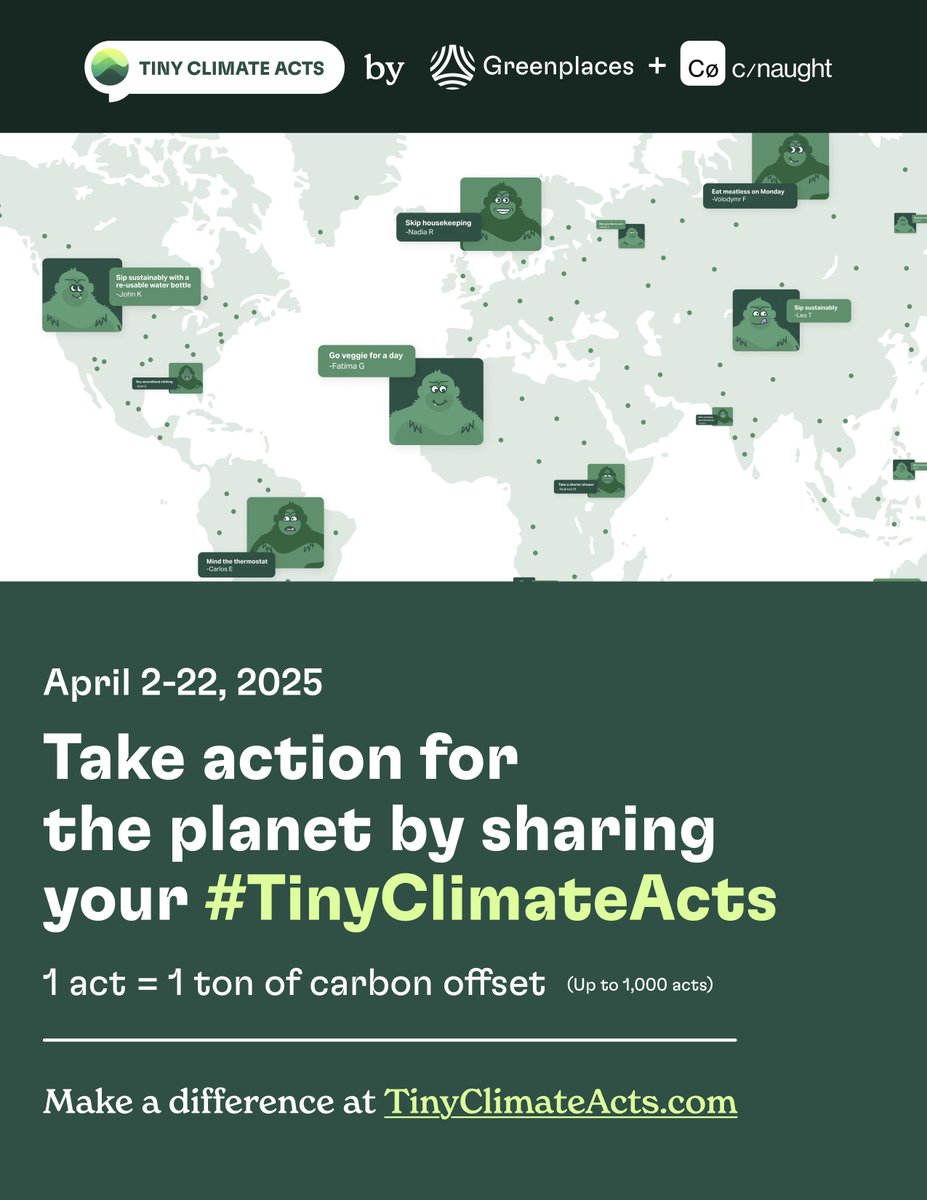 🌎 #EarthMonth is officially here—and so is #TinyClimateActs!

Every small act you log—like biking to work—funds 1 metric ton of carbon credits through <a href="/useCNaught/">CNaught</a>. That's like canceling out an LA ↔️ LHR flight ✈️ (economy)!

Sign up &amp; start logging acts: tinyclimateacts.com