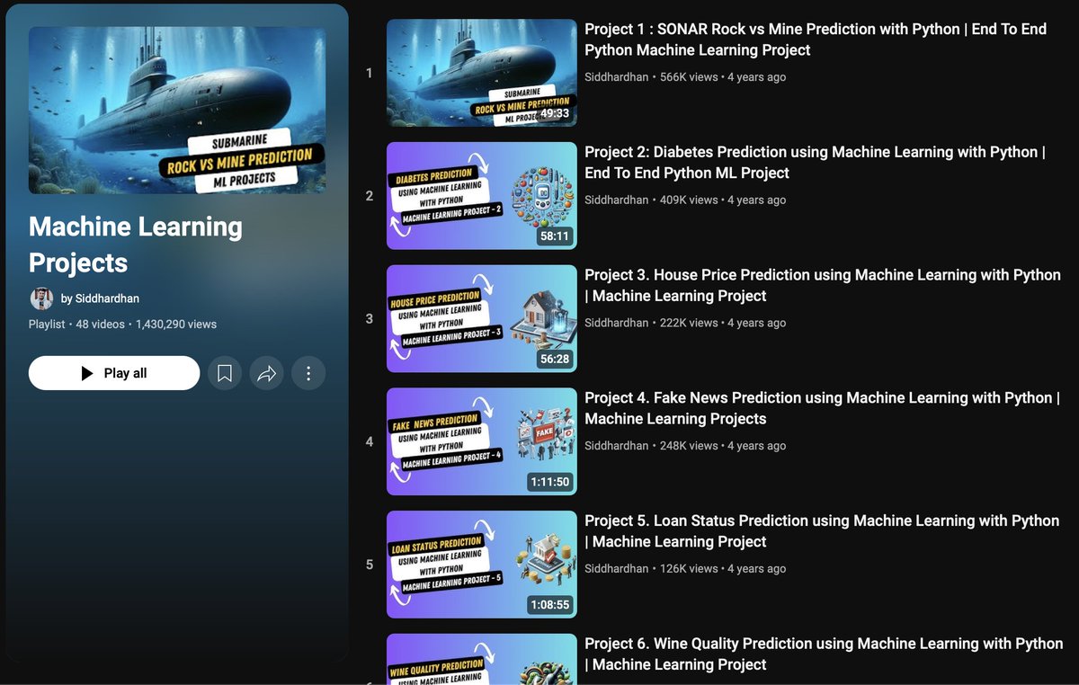 romitheguru's tweet image. This playlist contains 22 machine learning projects for beginners. The guy walks you through data cleaning, feature engineering, model selection and training, etc.