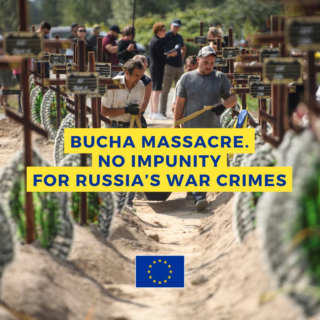 eu_eeas's tweet image. 3 years since the Bucha massacre. It is a stark reminder that Russia&apos;s war targets civilians and aims to erase Ukraine&apos;s independence, democracy, history &amp;amp; identity.

There must be accountability. There can be no impunity.

More: europa.eu/!wqXRBX

#AccountabilityForAll