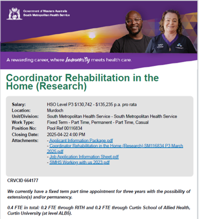 Vinicius Cavalheri (@vincavalheri) on Twitter photo Join our SMHS-Curtin Uni #AlliedHealth Research Unit!
We are looking for a Research Coordinator for the SMHS Rehabilitation in the home (RITH) service. This is a joint appointment (RITH-<a href="/CurtinUni/">Curtin University</a>)
👉 Apply now doh.bigredsky.com/page.php?pageI…
<a href="/CurtinAlliedHth/">Curtin School of Allied Health</a>
<a href="/CurtinMedia/">Curtin Media</a>
#SMHS Join our SMHS-Curtin Uni #AlliedHealth Research Unit!
We are looking for a Research Coordinator for the SMHS Rehabilitation in the home (RITH) service. This is a joint appointment (RITH-<a href="/CurtinUni/">Curtin University</a>)
👉 Apply now doh.bigredsky.com/page.php?pageI…
<a href="/CurtinAlliedHth/">Curtin School of Allied Health</a>
<a href="/CurtinMedia/">Curtin Media</a>
#SMHS