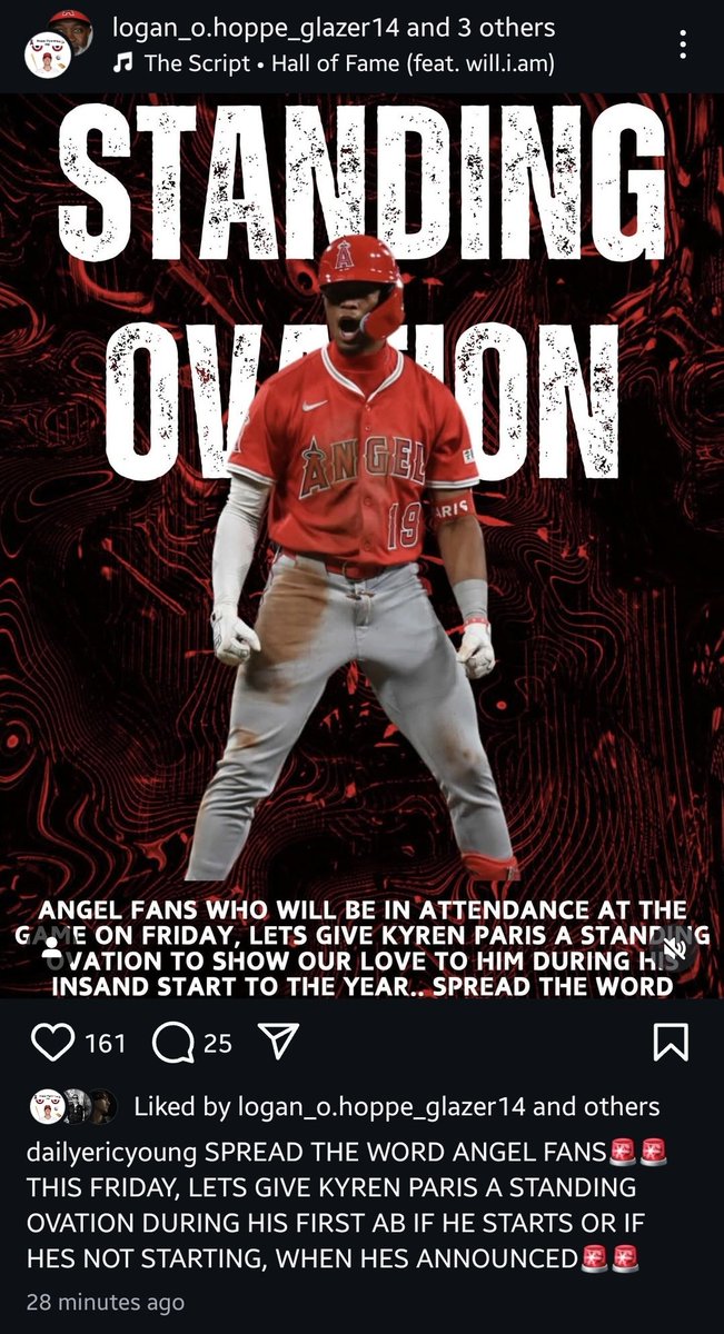InsideHalos's tweet image. Angel fans on Instagram want to start a standing ovation on Friday for Kyren Paris to show our love for his great start to the season!

If Paris is not in the lineup, i say we start a "WE WANT PARIS" chant! What do we think?!
#Angels