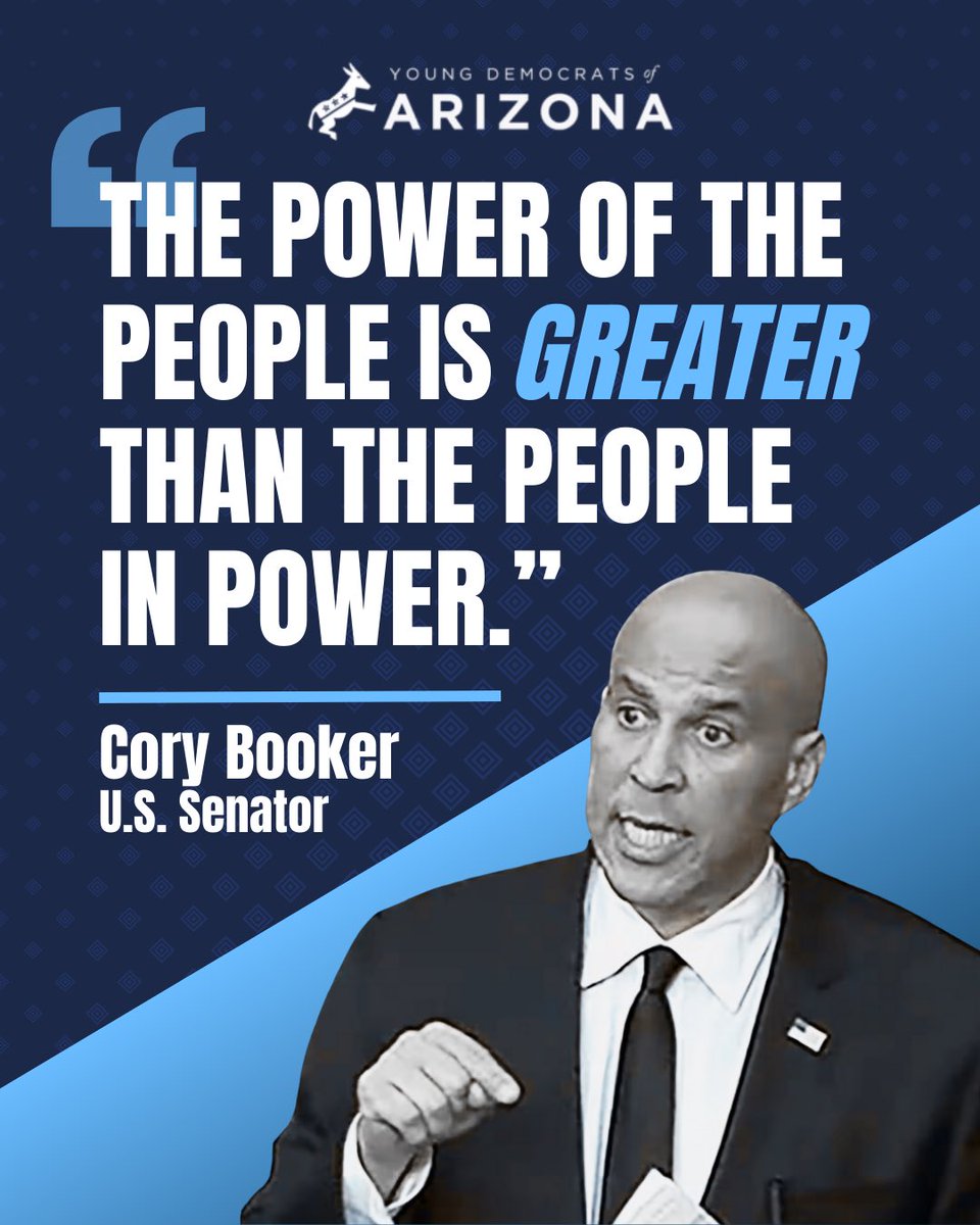 Young Democrats of Arizona (@ydaz) on Twitter photo Senator <a href="/CoryBooker/">Cory Booker</a> spoke for over 24 hours nonstop, fighting Trump and Musk’s unconstitutional takeover.
He shattered a Senate record once held by segregationist Strom Thurmond, who tried to block civil rights.
This is the bold leadership we need from Democrats. Senator <a href="/CoryBooker/">Cory Booker</a> spoke for over 24 hours nonstop, fighting Trump and Musk’s unconstitutional takeover.
He shattered a Senate record once held by segregationist Strom Thurmond, who tried to block civil rights.
This is the bold leadership we need from Democrats.