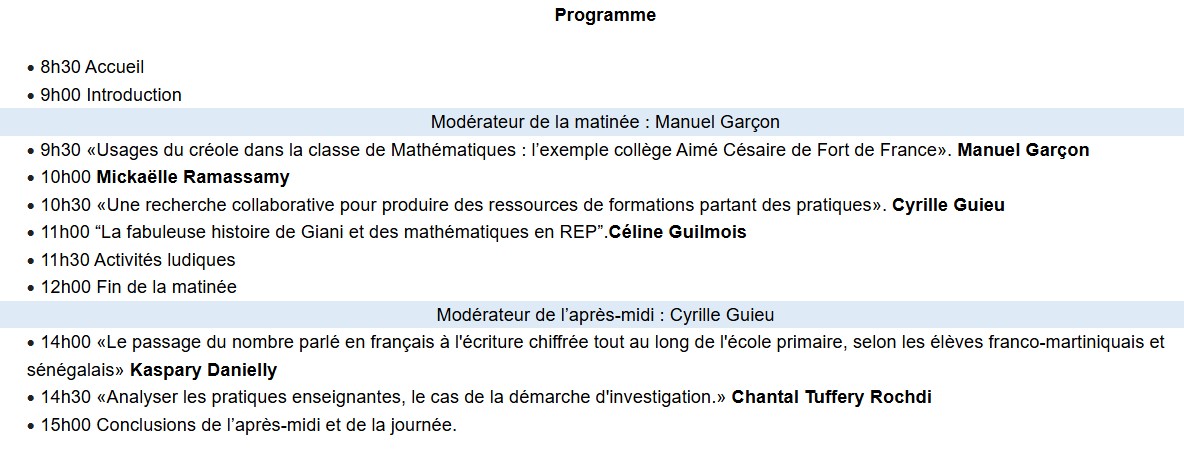 L’INSPE de Martinique nous invite à sa journée d’étude en didactique des mathématiques, qui portera sur le thème : « Enseigner les mathématiques en contexte postcolonial ». (programme joint)
<a href="/GarconManuel/">GARCON Manuel</a> <a href="/MickaelleRAMAS1/">Mickaelle RAMASSAMY</a> <a href="/CyrilleGUIEU/">Cyrille GUIEU</a> <a href="/INSPEMartinique/">INSPEMartinique</a> <a href="/math_martinique/">math_martinique</a>