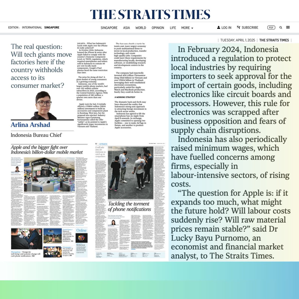 lucky_bp's tweet photo. 1 April 2025 - Singapore, Asia, World- @straits_times #luckybayupurnomo https://t.co/XAIpKfuqnD