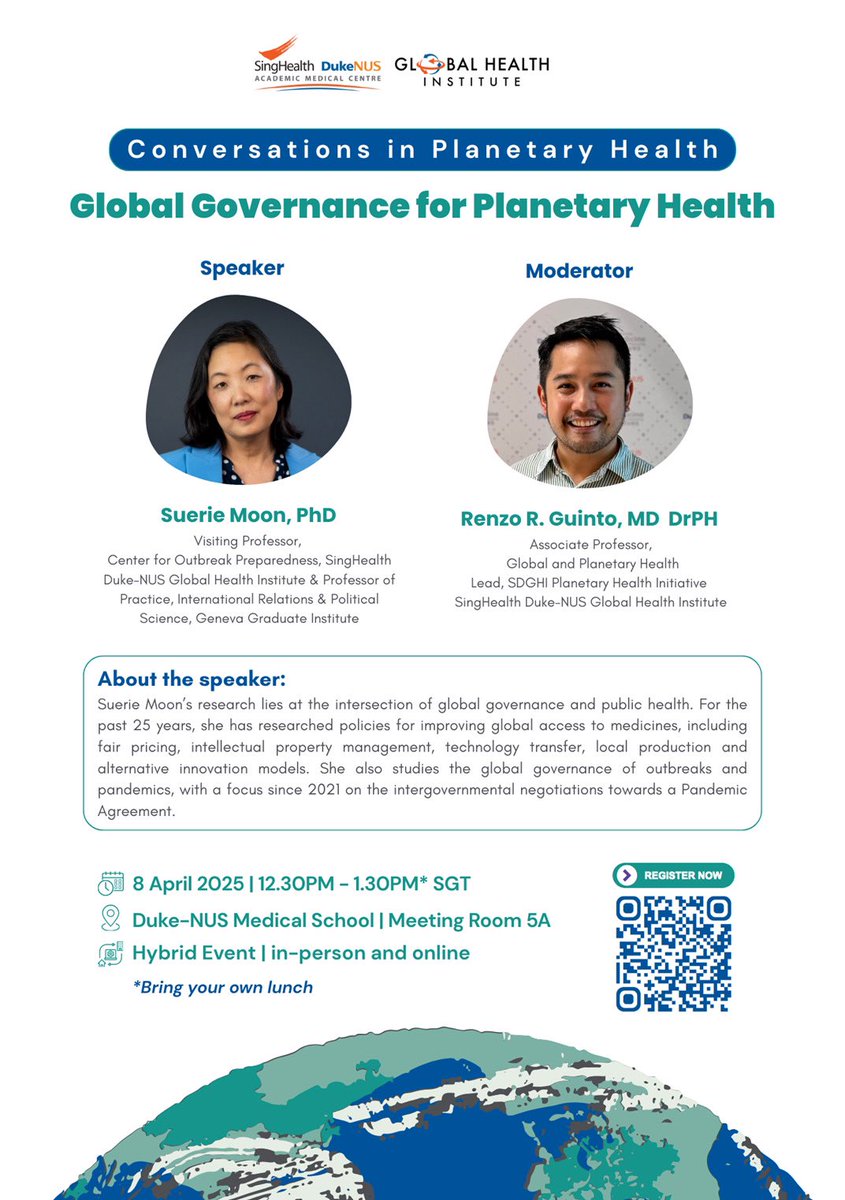 Renzo Guinto (@renzoguinto) on Twitter photo This #EarthMonth2025, join me and Professor <a href="/SuerieMoon/">Suerie Moon</a> in a conversation on the future of #GlobalGovernance for #PlanetaryHealth 🌏
Brought to you by the Planetary Health Initiative of the SingHealth Duke-NUS Global Health Institute <a href="/SD_GHI/">SingHealth Duke-NUS Global Health Institute</a> <a href="/dukenus/">Duke-NUS Medical School</a>
duke-nus.edu.sg/sdghi/news-eve… This #EarthMonth2025, join me and Professor <a href="/SuerieMoon/">Suerie Moon</a> in a conversation on the future of #GlobalGovernance for #PlanetaryHealth 🌏
Brought to you by the Planetary Health Initiative of the SingHealth Duke-NUS Global Health Institute <a href="/SD_GHI/">SingHealth Duke-NUS Global Health Institute</a> <a href="/dukenus/">Duke-NUS Medical School</a>
duke-nus.edu.sg/sdghi/news-eve…
