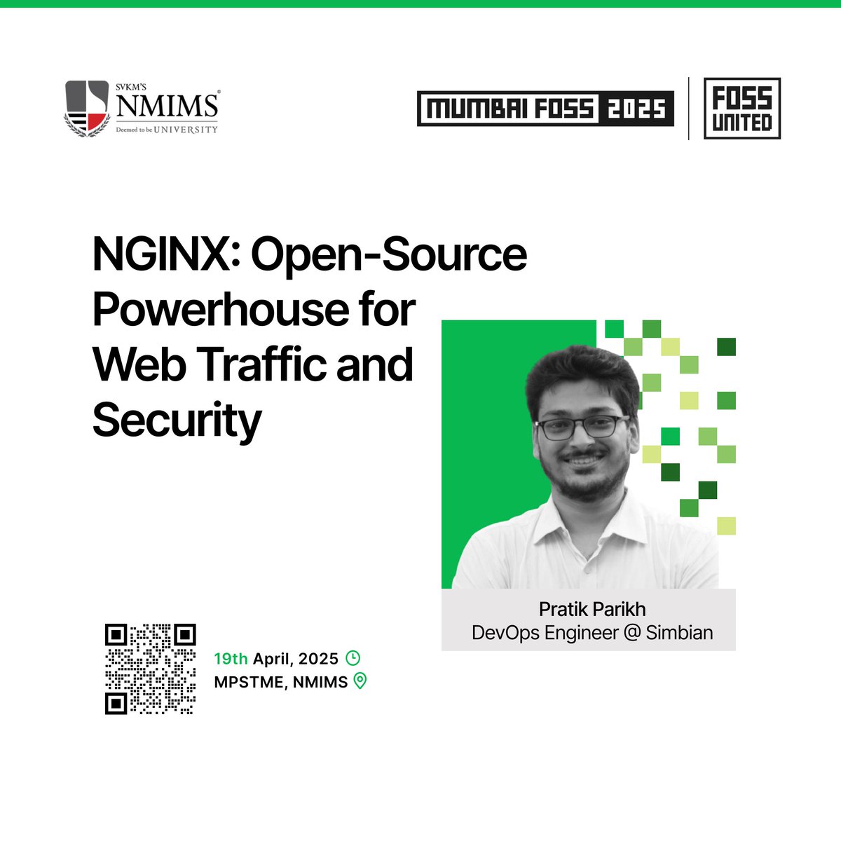 MumbaiFOSS's tweet photo. Excited to welcome Pratik Parikh as our 5th speaker for #MumbaiFOSS 2025!

He’ll talk about "NGINX: Open-Source Powerhouse for Web Traffic and Security" 🚀

📅 April 19, 2025
📍 NMIMS, Mumbai

Register now: https://t.co/rOEHoVBMgd 👀 https://t.co/SYKYd5DiwN