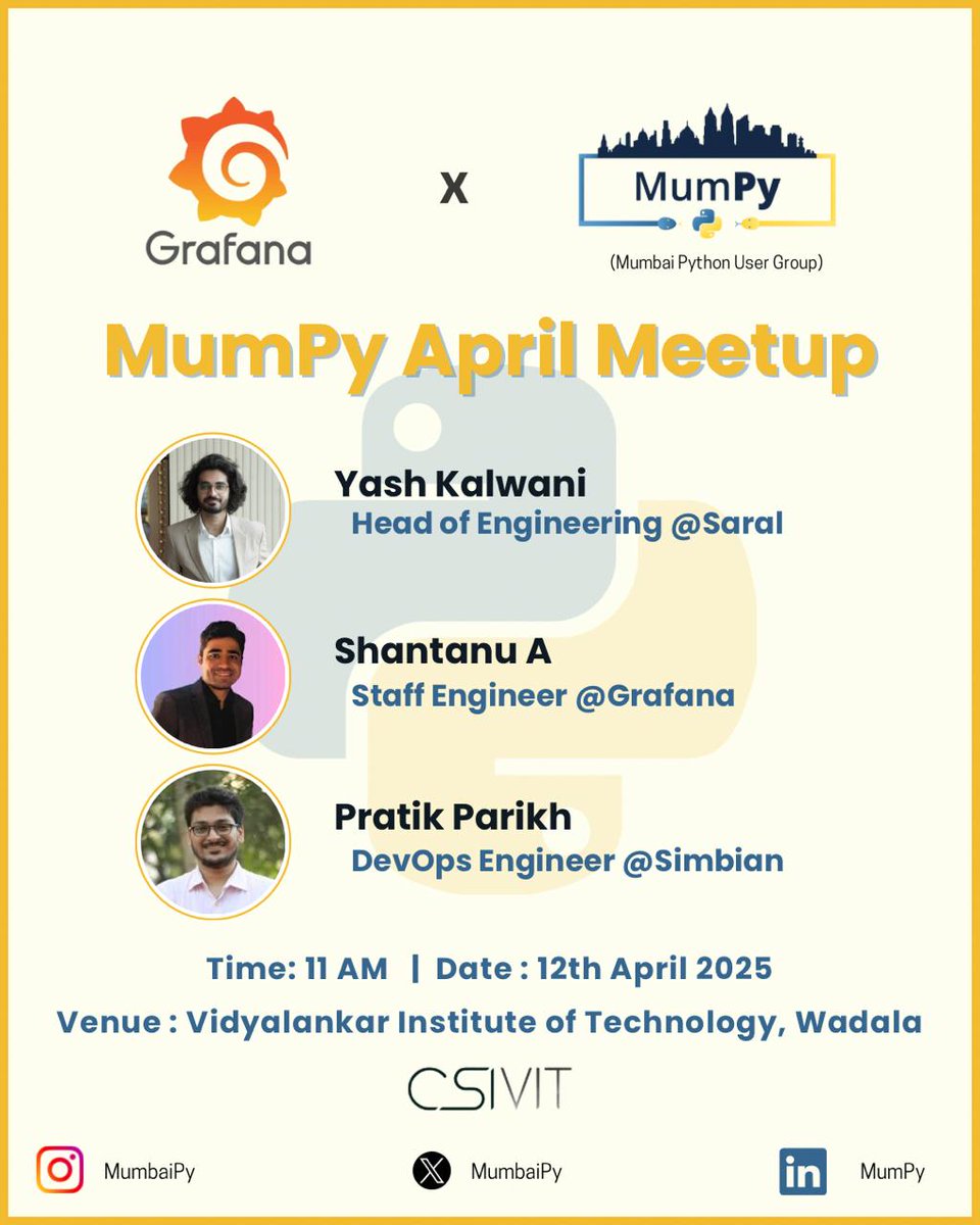 MumPy (@mumbaipy) on Twitter photo Exciting collaboration alert!
We're teaming up with Grafana Mumbai!
Speakers ๐: <a href="/WHYkalwani/">Yash Kalwani</a>, Shantanu A and Pratik P
Date ๐๏ธ: 12 April, 11 AM
Venue ๐: Vidyalankar Institute
Venue Partner ๐ค: <a href="/VIT_Vidyalankar/">Vidyalankar Institute of Technology</a>
RSVP link ๐: lu.ma/0p99jfae
#MumPy #Tech #Python #meetup Exciting collaboration alert!
We're teaming up with Grafana Mumbai!
Speakers ๐: <a href="/WHYkalwani/">Yash Kalwani</a>, Shantanu A and Pratik P
Date ๐๏ธ: 12 April, 11 AM
Venue ๐: Vidyalankar Institute
Venue Partner ๐ค: <a href="/VIT_Vidyalankar/">Vidyalankar Institute of Technology</a>
RSVP link ๐: lu.ma/0p99jfae
#MumPy #Tech #Python #meetup