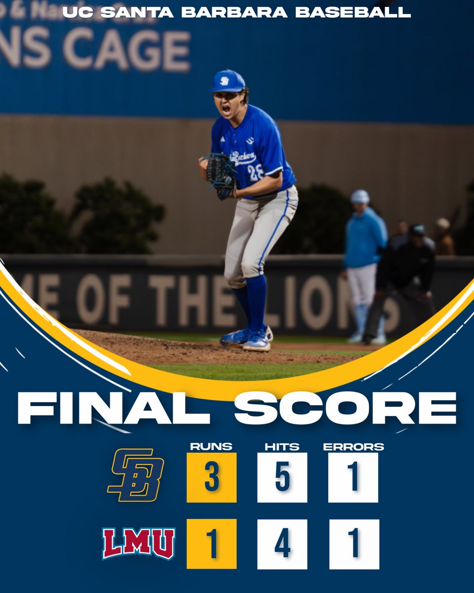 Headed home with a W 🙌

The Gauchos end their road stint on a high note! A dominant night on the mound by Aceves, Froling, Olivas, and Tryba is backed up by home runs from Fernandez and Kosciusko to beat LMU at Page Stadium.

FINAL | Gauchos 3 - Lions 1

#GoChos