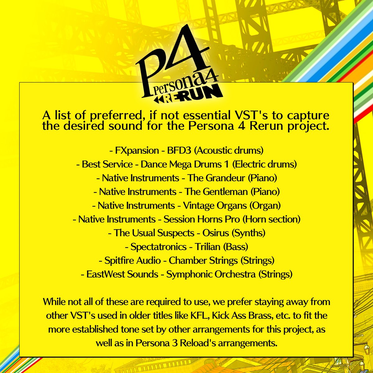 Atlus_SR's tweet image. 🎵 Want to know what gives the P4R imagining project its authentic #ATLUS sound?
Throughout our creation process, we referenced a list of essential plugins used in the modern Persona series.
📜 Check it out below!
#P4 #Persona4Rerun #MusicProduction