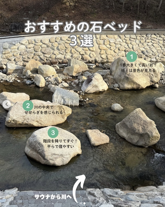 MARUMORI-SAUNAならではの外気浴！　
ぜひ、石のベッドを使ってください。

目を閉じて川のせせらぎを聞いていると、ふわふわのベッドで寝ている感覚になってきます。　

ぜひご体験ください！　

※ 整い椅子も2脚置いてあります。
