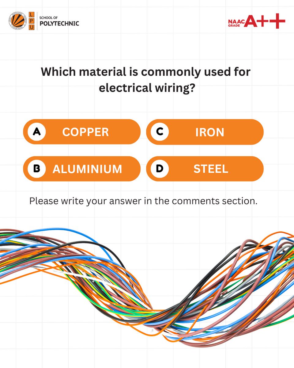 LPUPolytechnic's tweet image. QUIZ TIME!

What material is commonly used for electrical wiring?

Share your answers in the comments below!

#LPU #Polytechnic #ElectricalWiring #QuizTime
