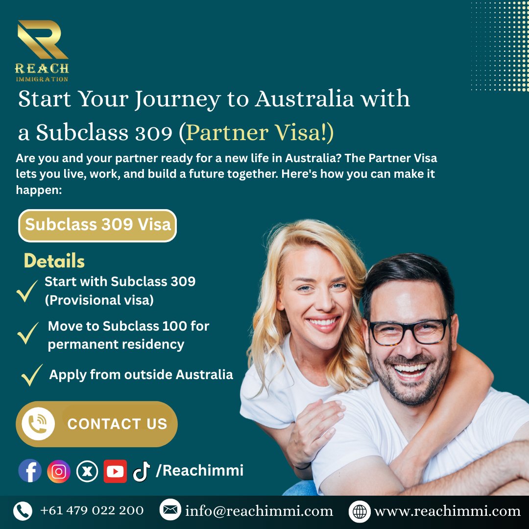 reachimmi's tweet image. Move to Australia with Your Partner! ❤️
Apply for the Subclass 309 Partner Visa &amp;amp; start your journey today! 🌏✨

📞 +61 479 022 200 | 🌐 reachimmi.com
#PartnerVisa #Subclass309 #MoveToAustralia #ReachImmigration
