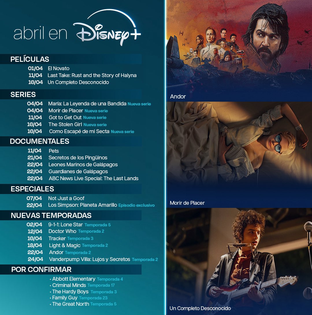 MasFarandulaOf's tweet photo. Novedades de #DisneyPlus en Abril:
#Andor, #ACompleteUnknown, #MorirDePlacer, #ElNovato, #DoctorWho, #Tracker y varios títulos más. https://t.co/NZUknzDdNG