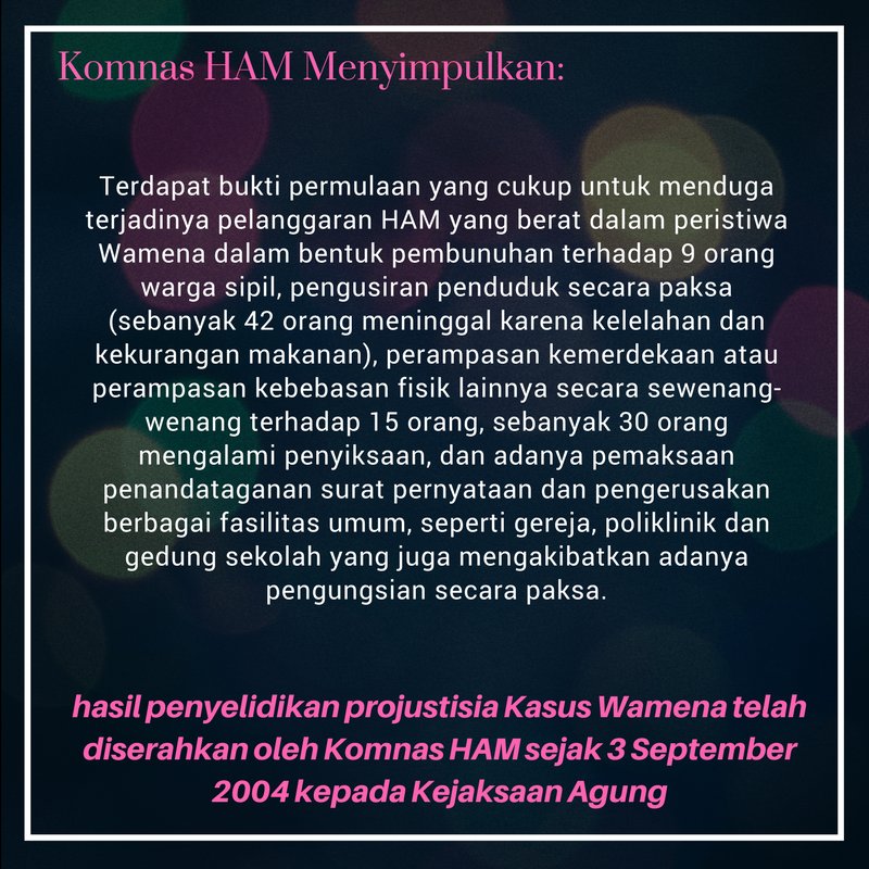 Mythicalforest's tweet photo. #MenolakLupa

4 April 2003, 22 tahun lalu

Wamena Berdarah terjadi di Papua akibat brutalitas TNI. Bermula dari pembobolan gudang senjata, militer melakukan pengejaran di kota Wamena

Korban:
- 9 tewas
- 15 mengalami perampasan kemerdekaan
- 30 mengalami penyiksaan https://t.co/m2OZ2tG5fJ