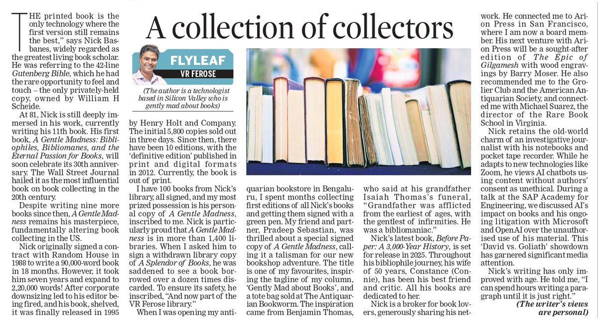 TNIE Karnataka (@xpressbengaluru) on Twitter photo "At 81, Nick is still deeply immersed in his work, currently writing his 11th book. His first book, A Gentle Madness: Bibliophiles, Bibliomanes, and the Eternal Passion for Books, will soon celebrate its 30th anniversary," writes <a href="/VRFerose/">Ferose V R</a> about book scholar Nick Basbanes "At 81, Nick is still deeply immersed in his work, currently writing his 11th book. His first book, A Gentle Madness: Bibliophiles, Bibliomanes, and the Eternal Passion for Books, will soon celebrate its 30th anniversary," writes <a href="/VRFerose/">Ferose V R</a> about book scholar Nick Basbanes